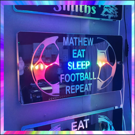 Football eat sleep game repeat L.E.D Mirror with 366 Light Modes and 12 Static Light Colours and remote