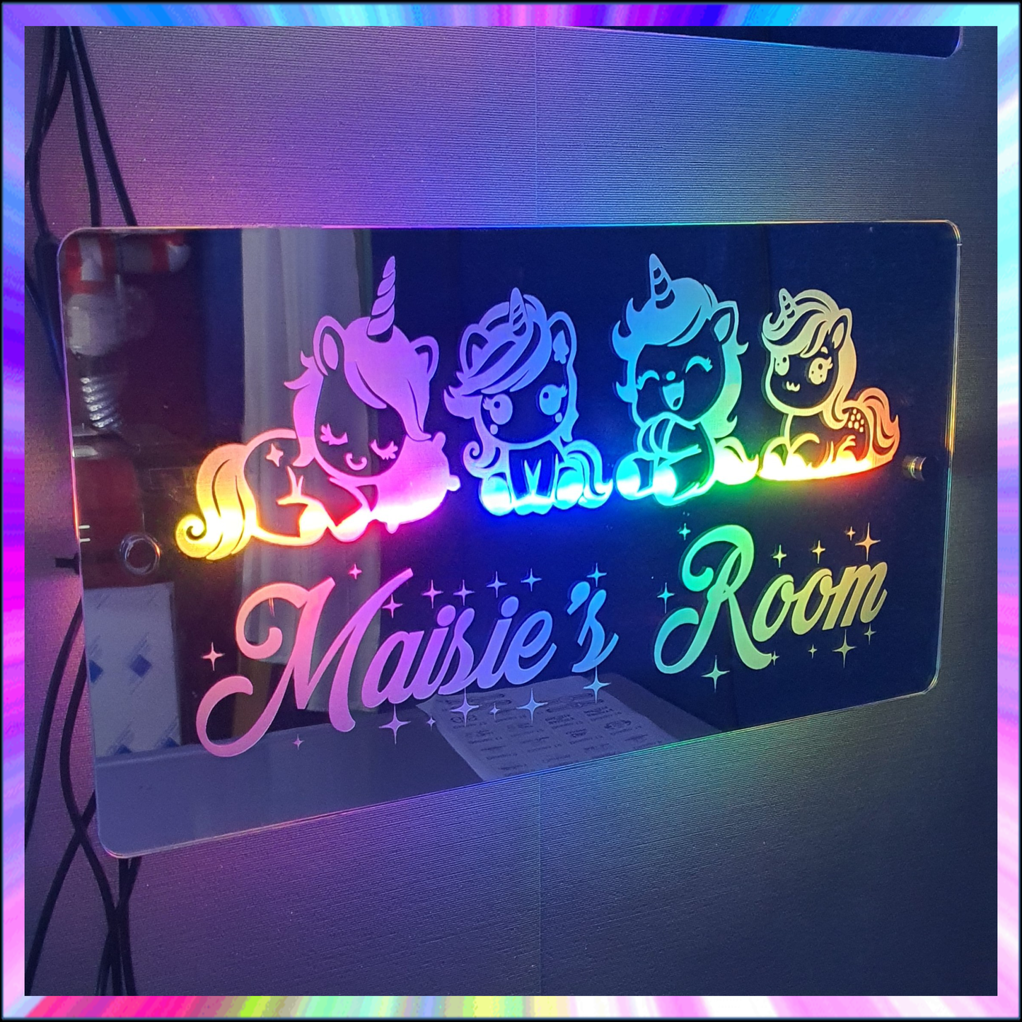 Personalised Unicorns L.E.D Mirror with 366 Light Modes and 12 Static Light Colours and remote