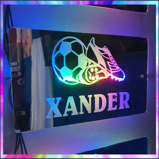 Personalised Football Theme L.E.D Mirror with 366 Light Modes and 12 Static Light Colours and remote