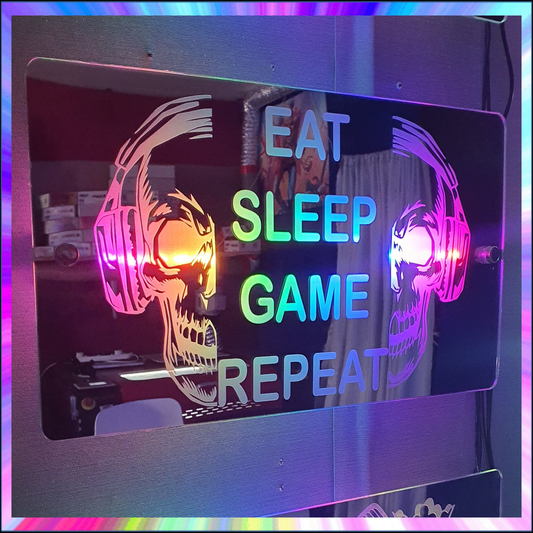 Skull eat sleep game repeat L.E.D Mirror with 366 Light Modes and 12 Static Light Colours and remote