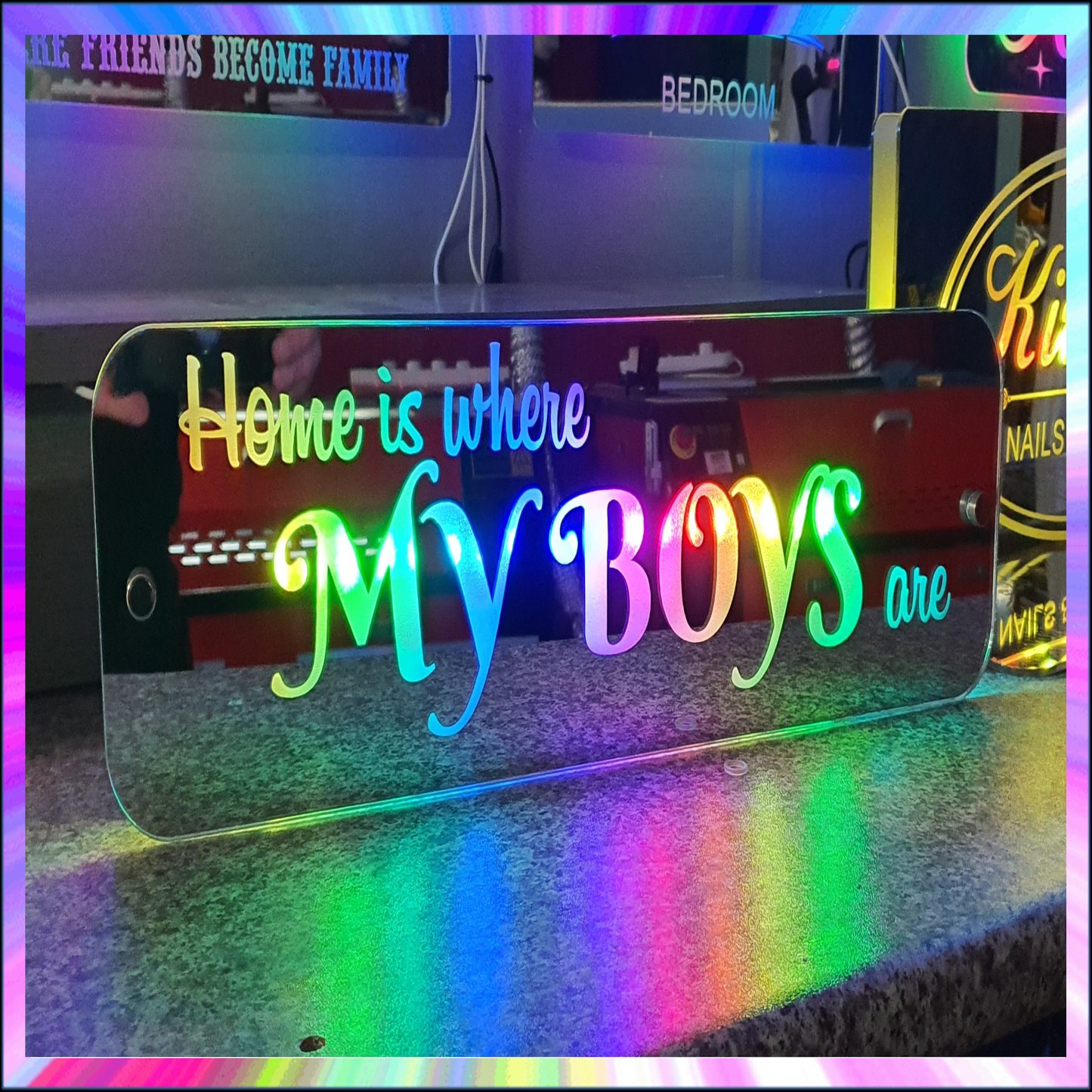 Home is where my boys are L.E.D Mirror with 366 Light Modes and 12 Static Light Colours and remote