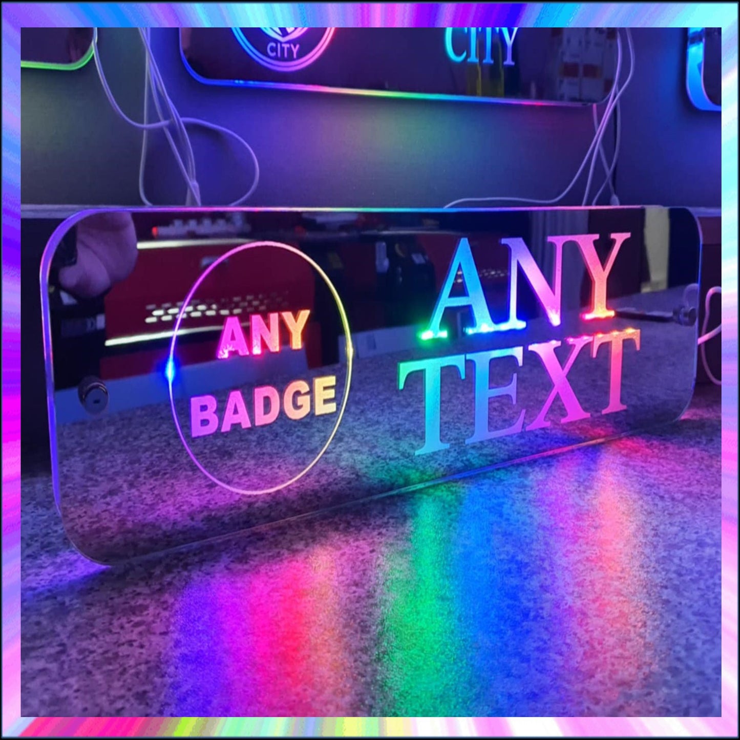Any badge any text L.E.D Mirror with 366 Light Modes and 12 Static Light Colours and remote