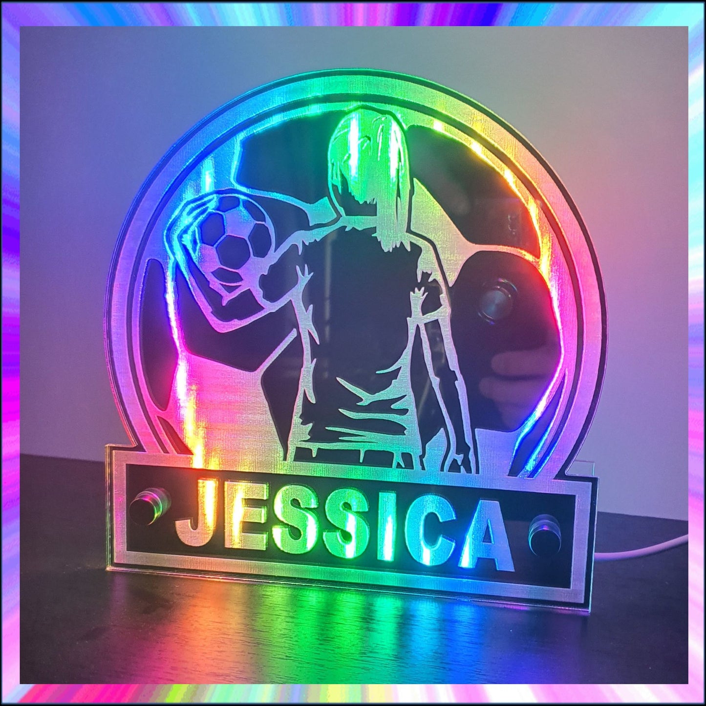 Girl Footballer Personalised L.E.D Mirror with 366 Light Modes and 12 Static Light Colours and remote