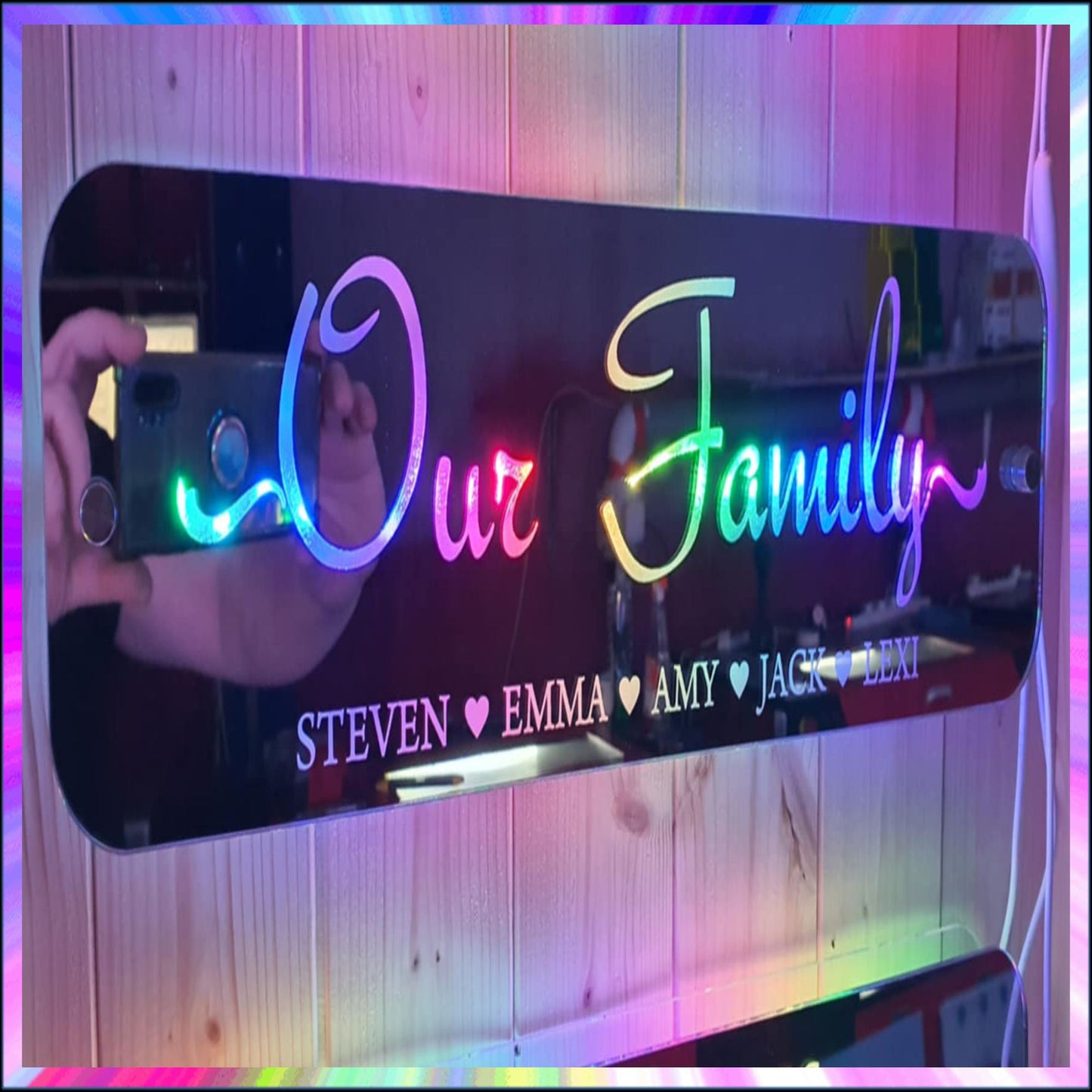 Our Family Personalised L.E.D Mirror with 366 Light Modes and 12 Static Light Colours and remote