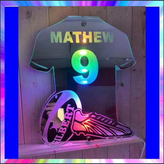 Personalised Rugby Shirt L.E.D Mirror with 366 Light Modes and 12 Static Light Colours and remote