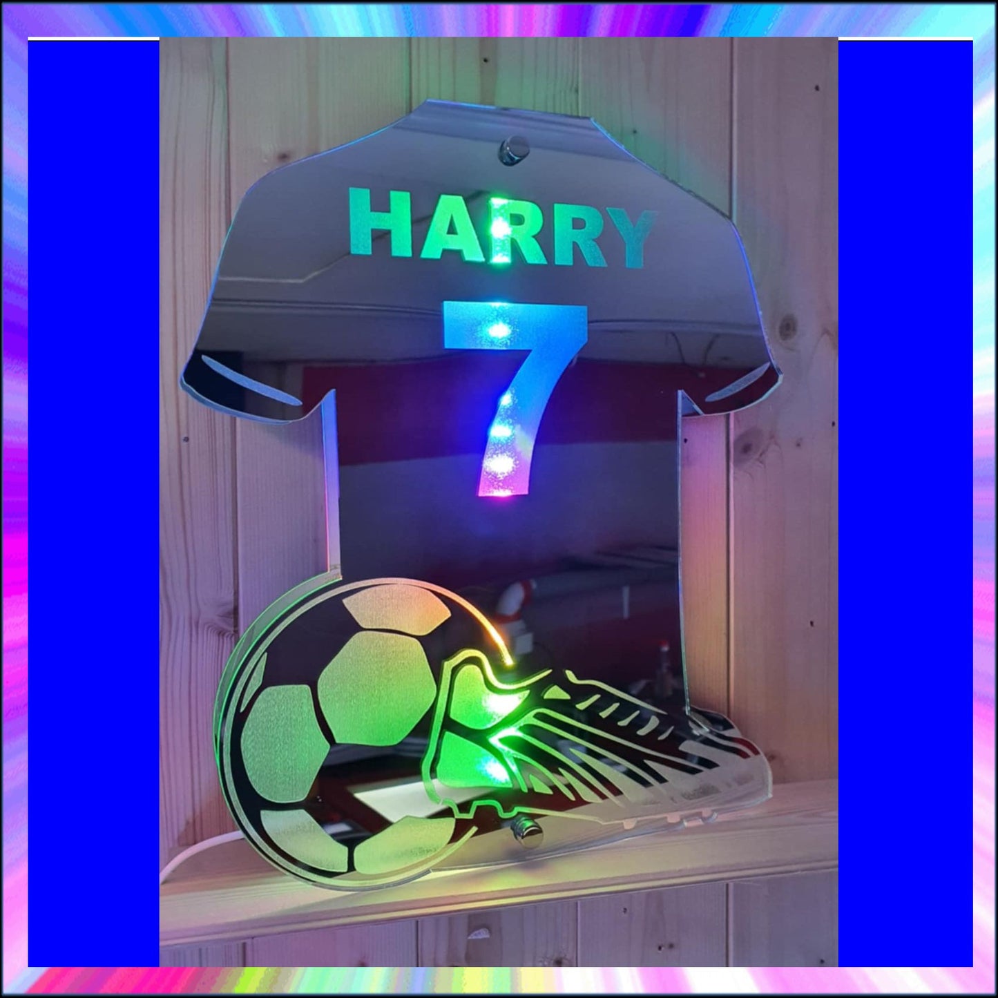 Personalised Football Shirt L.E.D Mirror with 366 Light Modes and 12 Static Light Colours and remote